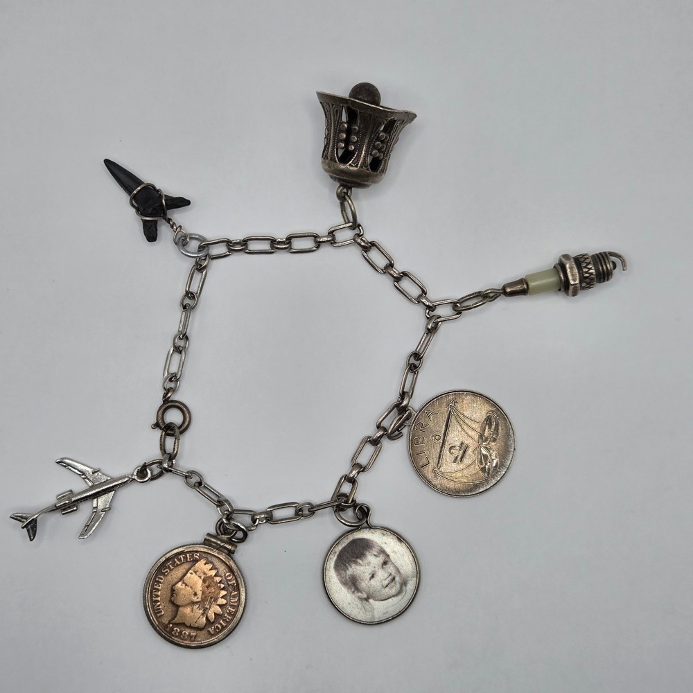 Vintage 925 Sterling Silver Charm Bracelet Beau Libra 1887 Indian Head Penny